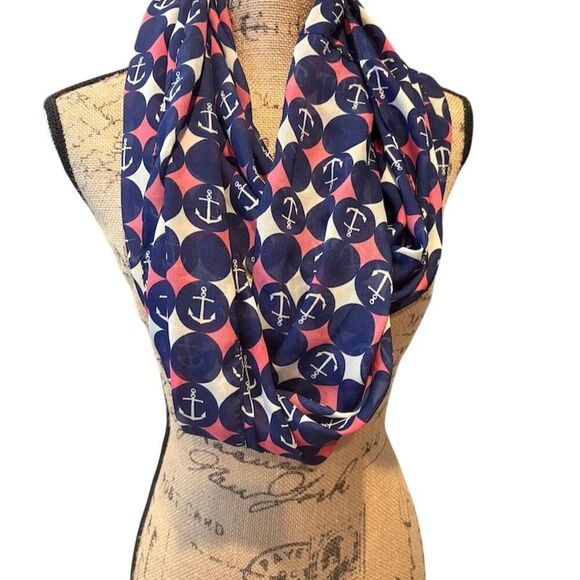Nautical Infinity Scarf Anchor Pattern Blue Red White Unisex - Picture 1 of 3
